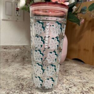 Starbucks  Green & White Flower Kaleidoscope Double wall Glass Tumbler, 20 oz